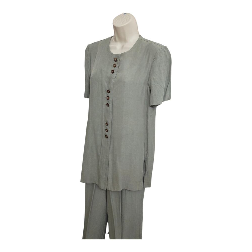 R&M Richards 2 Piece Pant Set Sage Green Button Front Top Casual Chic 8P Soft - Picture 3 of 10